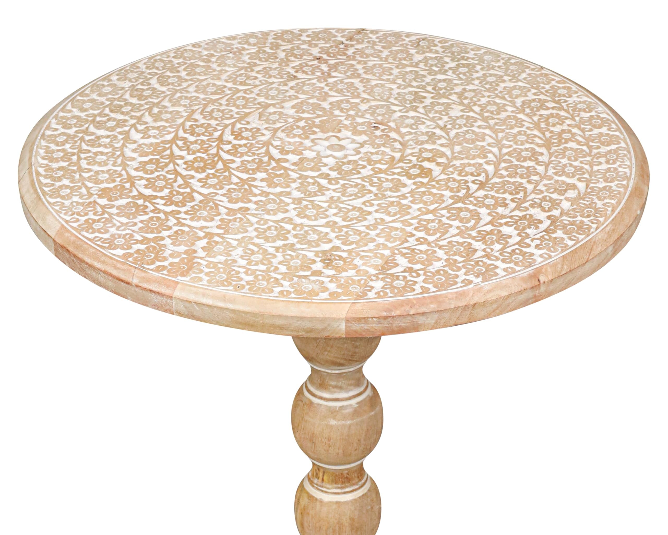 The Wooden Town Hand-Carved Solid Wood End Table, Modern Accent Side Table for Living Room, Bedroom & Office, White Wash, 18 x 22 Inch