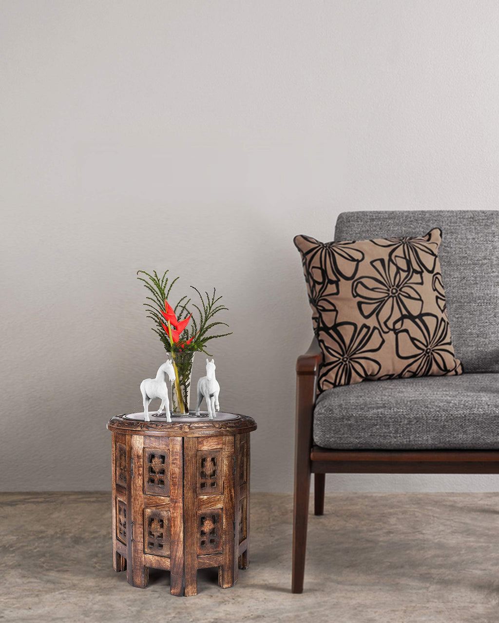 The Wooden Town Vintage Carved Round End Table, Rustic Boho Accent Side Table, 12 Inch