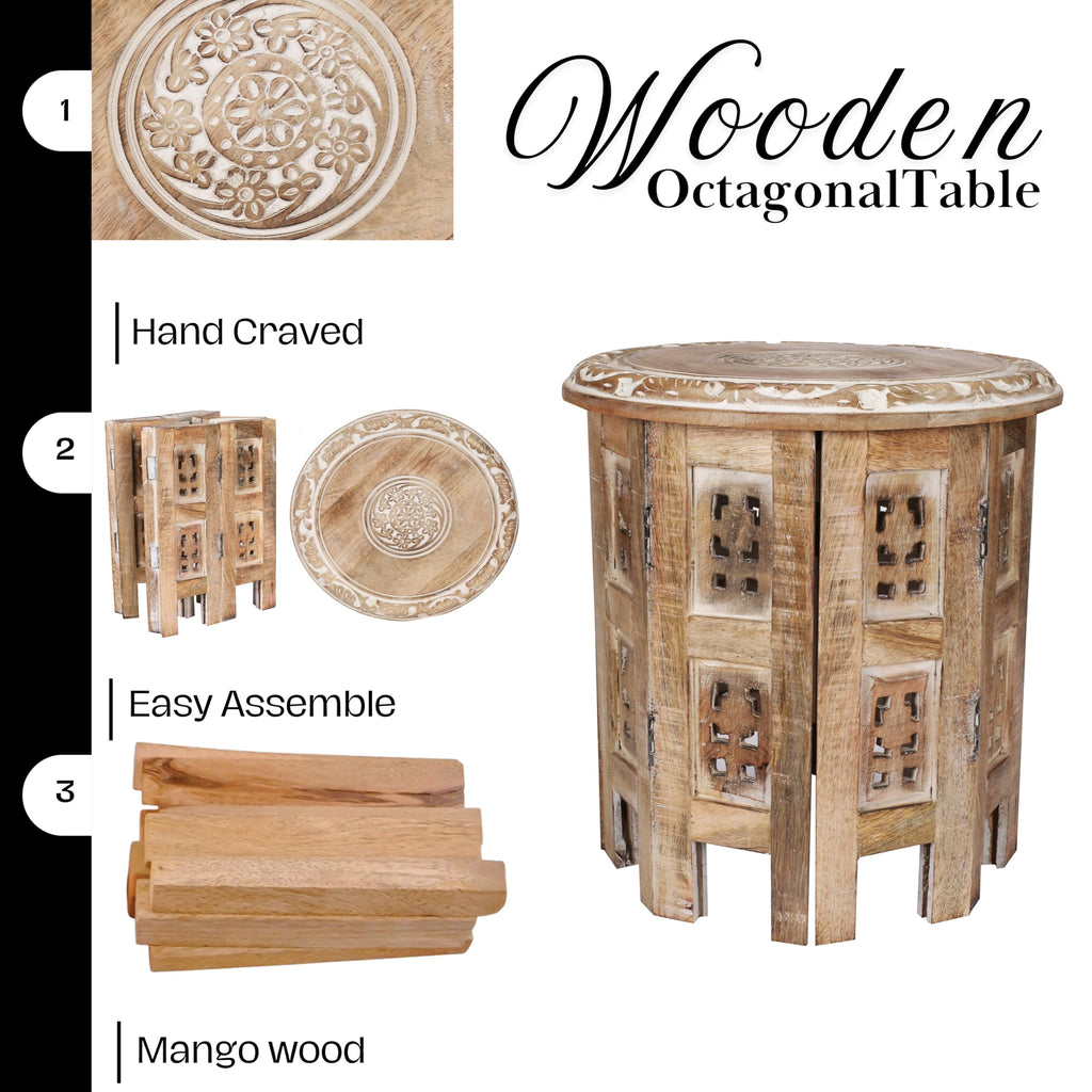 Versatile Octagonal Wooden Side Table, Rustic White Wash Accent Table, 12 x 12 Inch