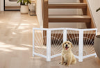 The Wooden Town Foldable Indoor Dog Gate, 4-Panel Freestanding Pet Gate with Sunshine Pattern, White Finish, 72" W x 18" H