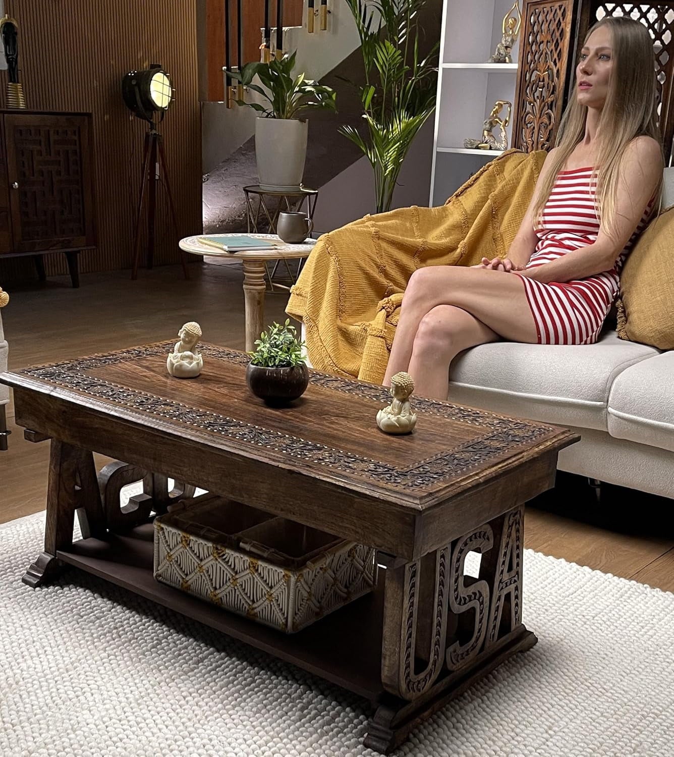 Rectangular Wooden Coffee Table, Burnt Finish Foldable Farmhouse Table, Hand-Carved USA Design, 40 x 20 x 18 Inch