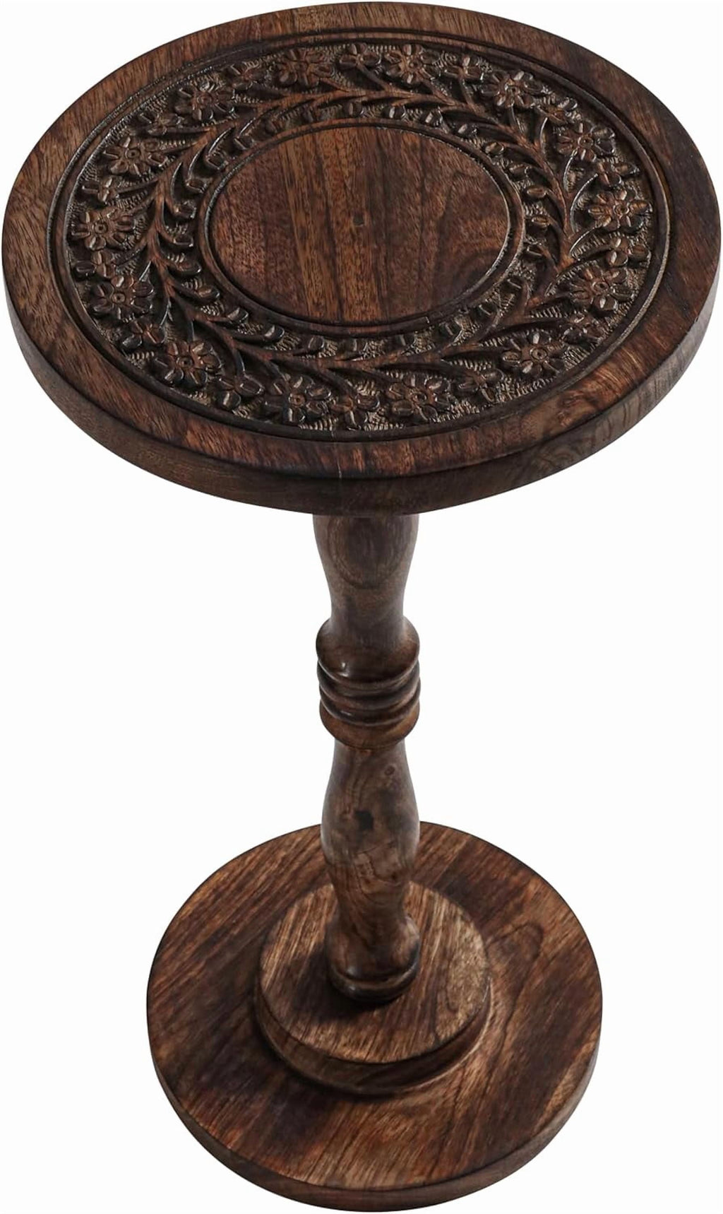 The Wooden Town Round Side Table, Hand-Carved Drink Table, Scorch Burnt Finish, 12 x 22 Inch