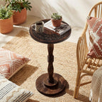 The Wooden Town Round Side Table, Hand-Carved Drink Table, Scorch Burnt Finish, 12 x 22 Inch