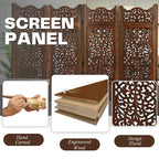 Hand-Carved Wooden 4-Panel Folding Room Divider 64” x 48” – Antique Burnt