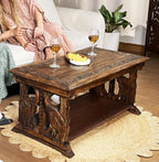 Rectangular Wooden Coffee Table, Hand-Carved Elephant Design, Burnt Finish, 40 x 20 x 18 Inch