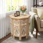 The Wooden Town Hand-Carved Vintage Boho Folding End Table, Octagon White Wash Side Table, 18 x 18 Inch