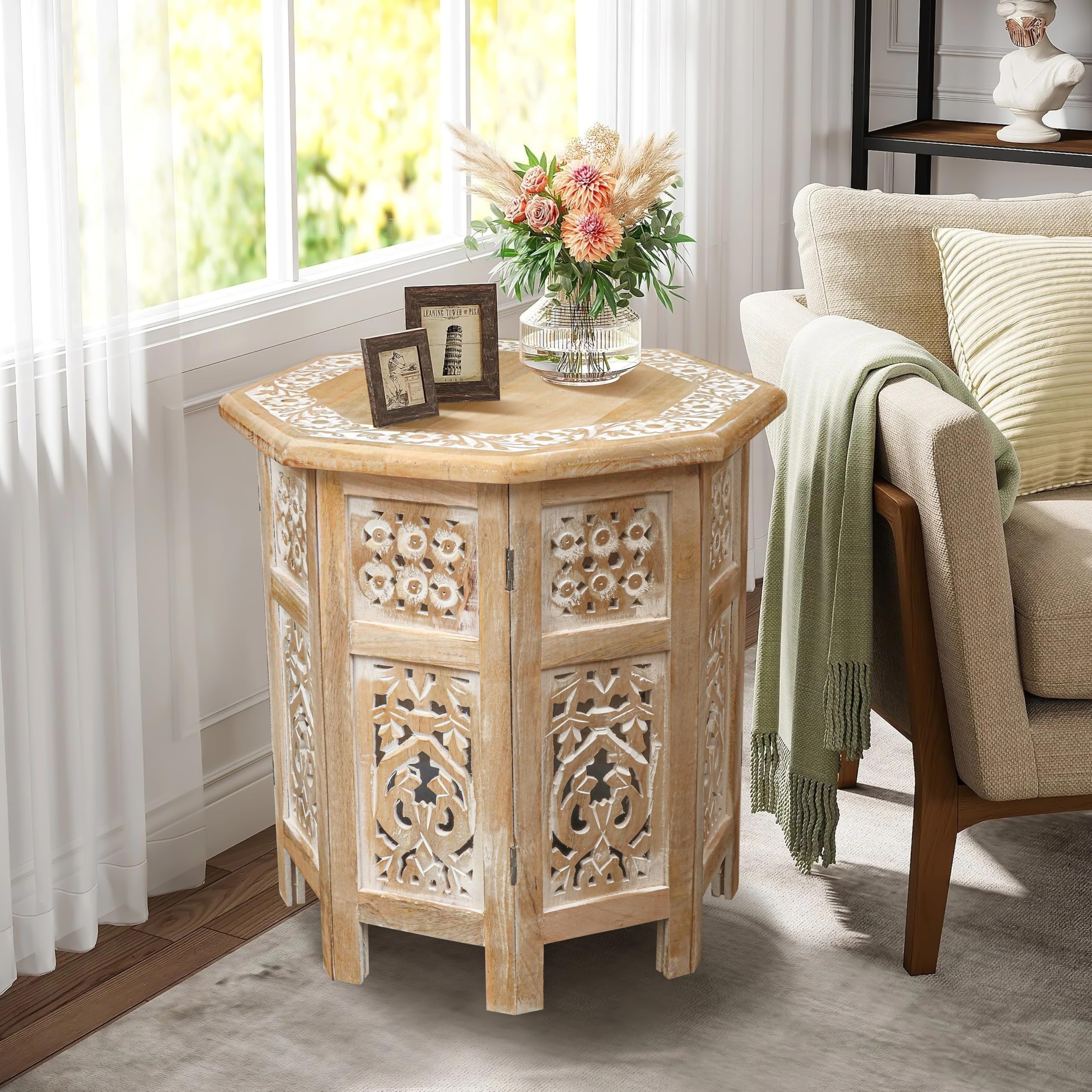 The Wooden Town Hand-Carved Vintage Boho Folding End Table, Octagon White Wash Side Table, 18 x 18 Inch