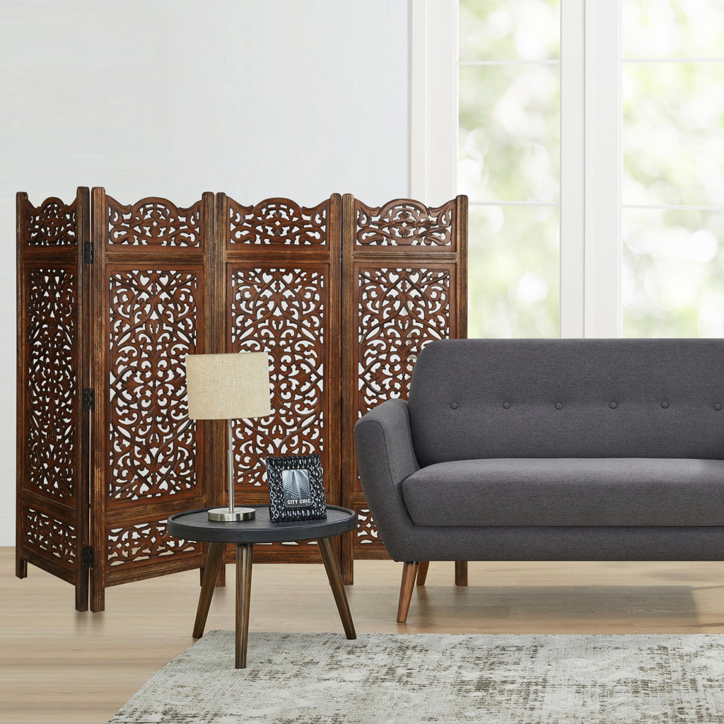 Hand-Carved Wooden 4-Panel Folding Room Divider 64” x 48” – Antique Burnt