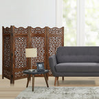 Hand-Carved Wooden 4-Panel Folding Room Divider 64” x 48” – Antique Burnt