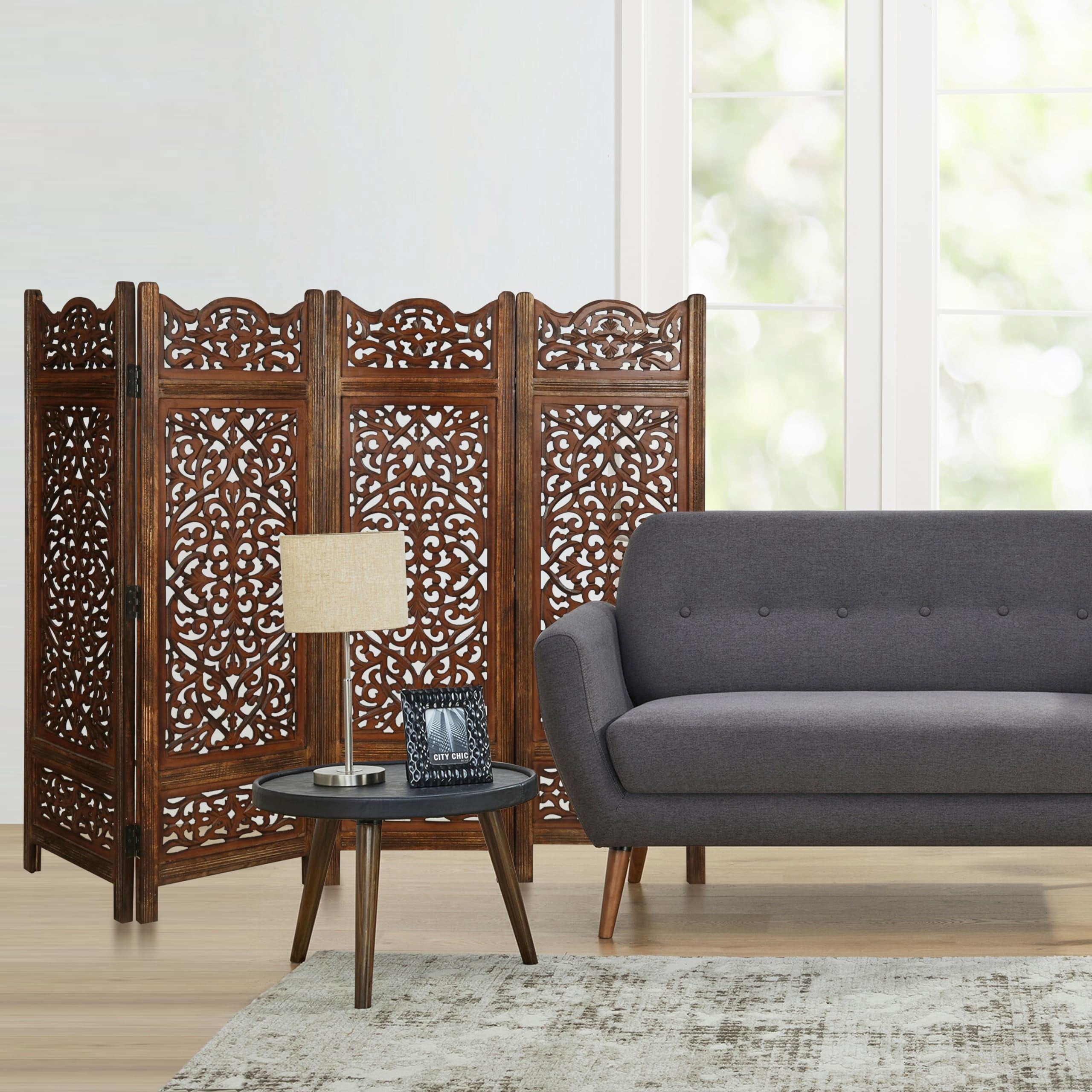 Hand-Carved Wooden 4-Panel Folding Room Divider 64” x 48” – Antique Burnt