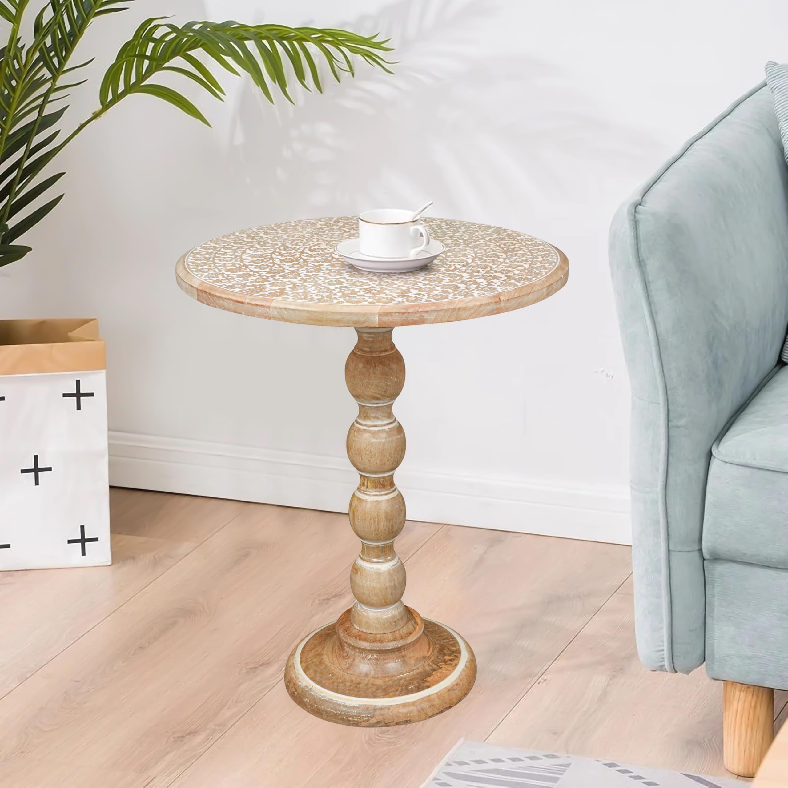 The Wooden Town Hand-Carved Solid Wood End Table, Modern Accent Side Table for Living Room, Bedroom & Office, White Wash, 18 x 22 Inch