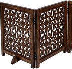 The Wooden Town Foldable 3-Panel Wooden Dog Gate with Flower Design, Freestanding Indoor Pet Barrier, Burnt Finish, 54" Wide