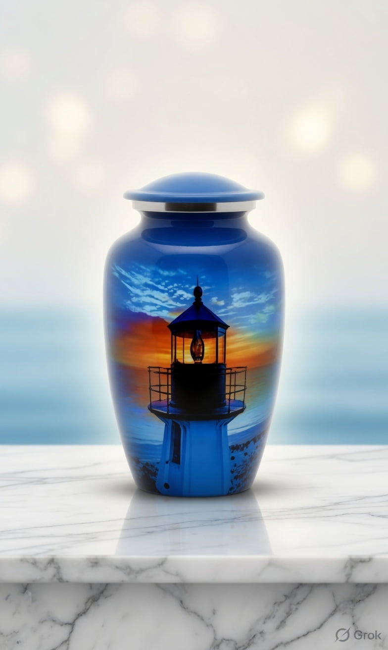 Lighthouse Sky Blue Multi Metal Cremation Urn for Adult Ashes – 10” x 6”