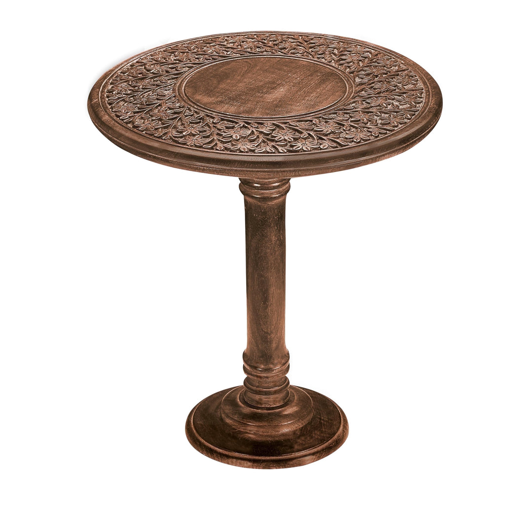 The Wooden Town Hand-Carved Wooden End Table, Solid Wood Side Table for Living Room & Bedroom, Rustic Accent Table with Burnt Finish, 18 x 22 Inch