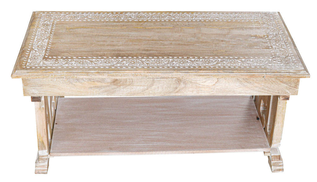Rectangular Wooden Coffee Table, White Wash Foldable Farmhouse Table, Hand-Carved USA Design, 40 x 20 x 18 Inch