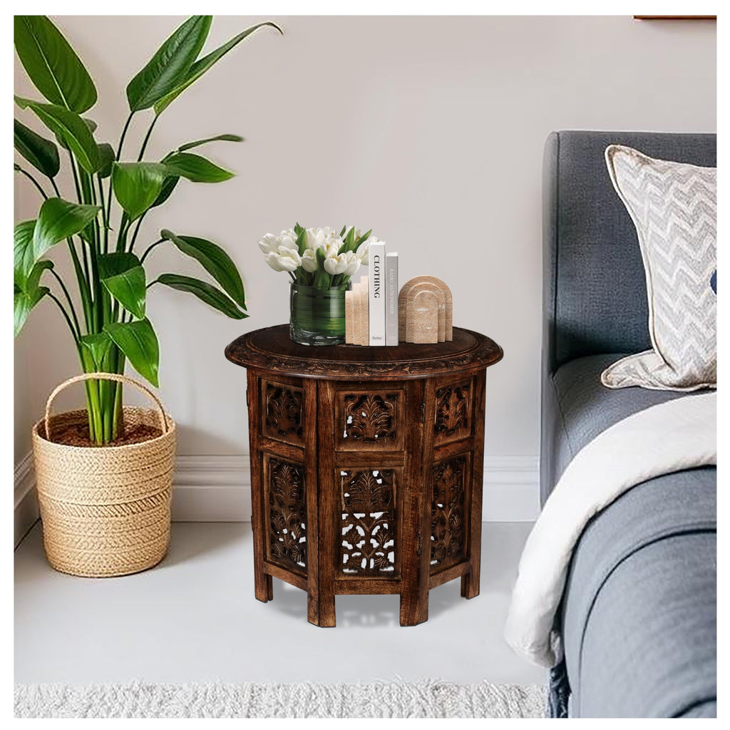 The Wooden Town Round Wood Coffee Table, Hand-Carved Accent Side Table with Burnt Finish, Solid Wood Altar & End Table for Living Room, 18 x 18 Inch