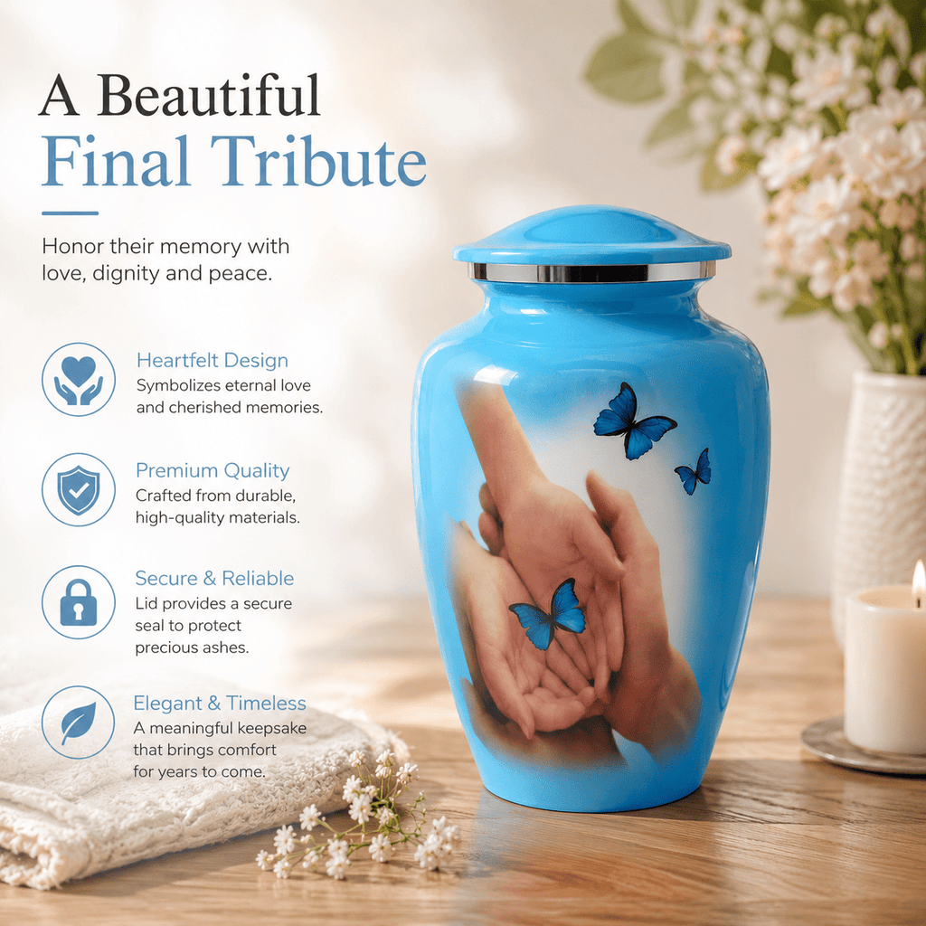 Blue Aluminum Cremation Urn for Adult Ashes – 10” x 6”