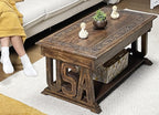 Rectangular Wooden Coffee Table, Burnt Finish Foldable Farmhouse Table, Hand-Carved USA Design, 40 x 20 x 18 Inch