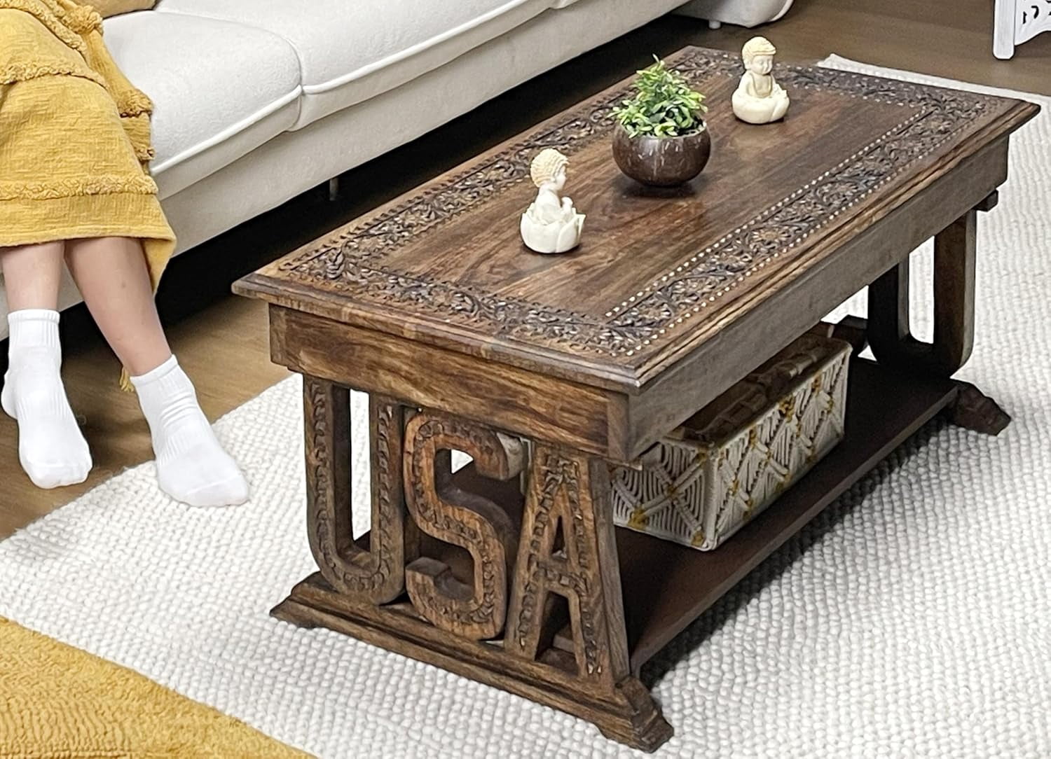 Rectangular Wooden Coffee Table, Burnt Finish Foldable Farmhouse Table, Hand-Carved USA Design, 40 x 20 x 18 Inch