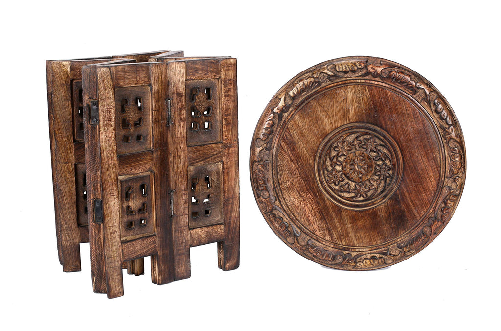The Wooden Town Vintage Carved Round End Table, Rustic Boho Accent Side Table, 12 Inch