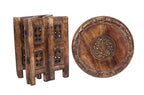 The Wooden Town Vintage Carved Round End Table, Rustic Boho Accent Side Table, 12 Inch
