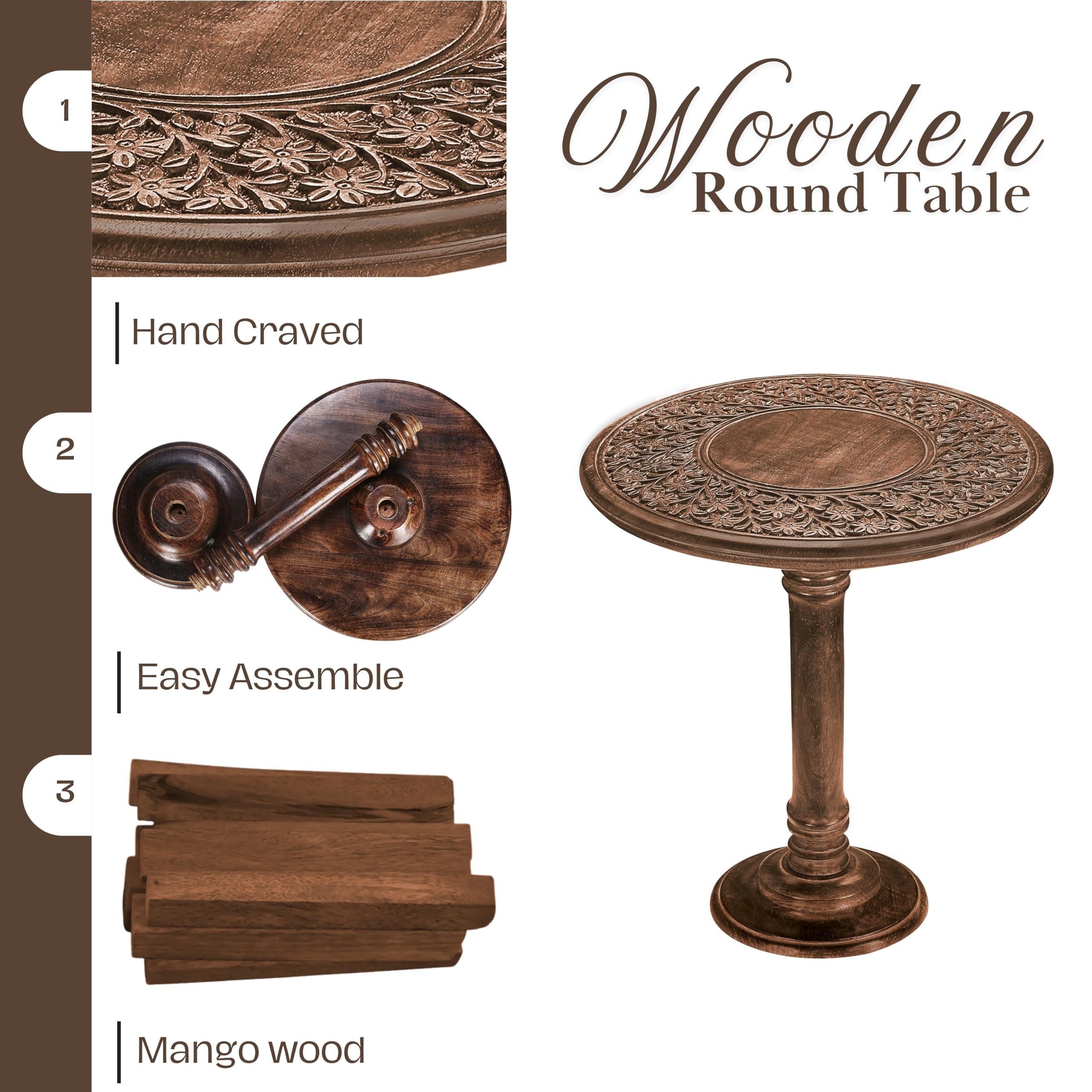 The Wooden Town Hand-Carved Wooden End Table, Solid Wood Side Table for Living Room & Bedroom, Rustic Accent Table with Burnt Finish, 18 x 22 Inch