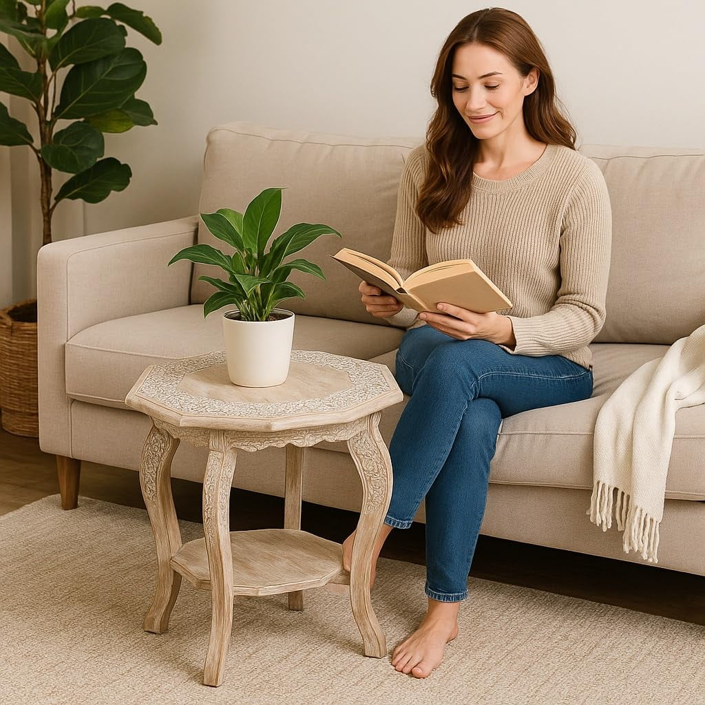 Hand-Carved Wooden Octagon Coffee Table, White Wash Foldable Farmhouse Accent Table, 24 x 24 x 18 Inch