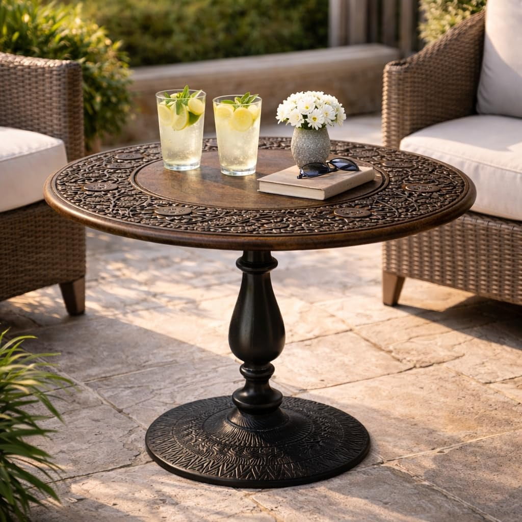 The Wooden Town Hand-Carved Solid Wood Coffee Table, Burnt Finish with Black Aluminum Pillar Base, 24 x 24 x 18 Inch