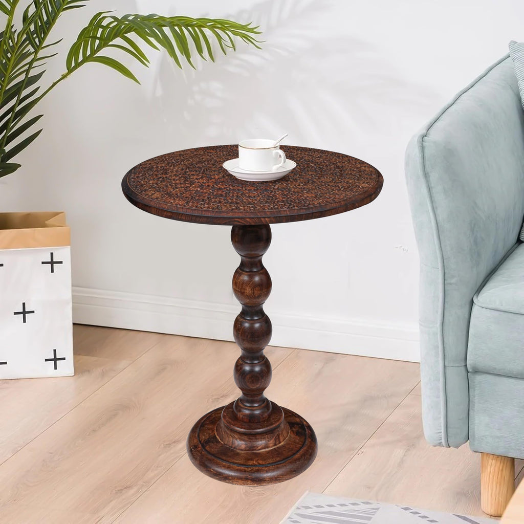 The Wooden Town Modern Hand-Carved Round End Table, Solid Wood Accent Side Table for Living Room & Bedroom, Scorch Burnt Finish