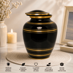 Classic Thread Midnight Black Gold Metal Cremation Urn for Adult Remains – 9” x 7”