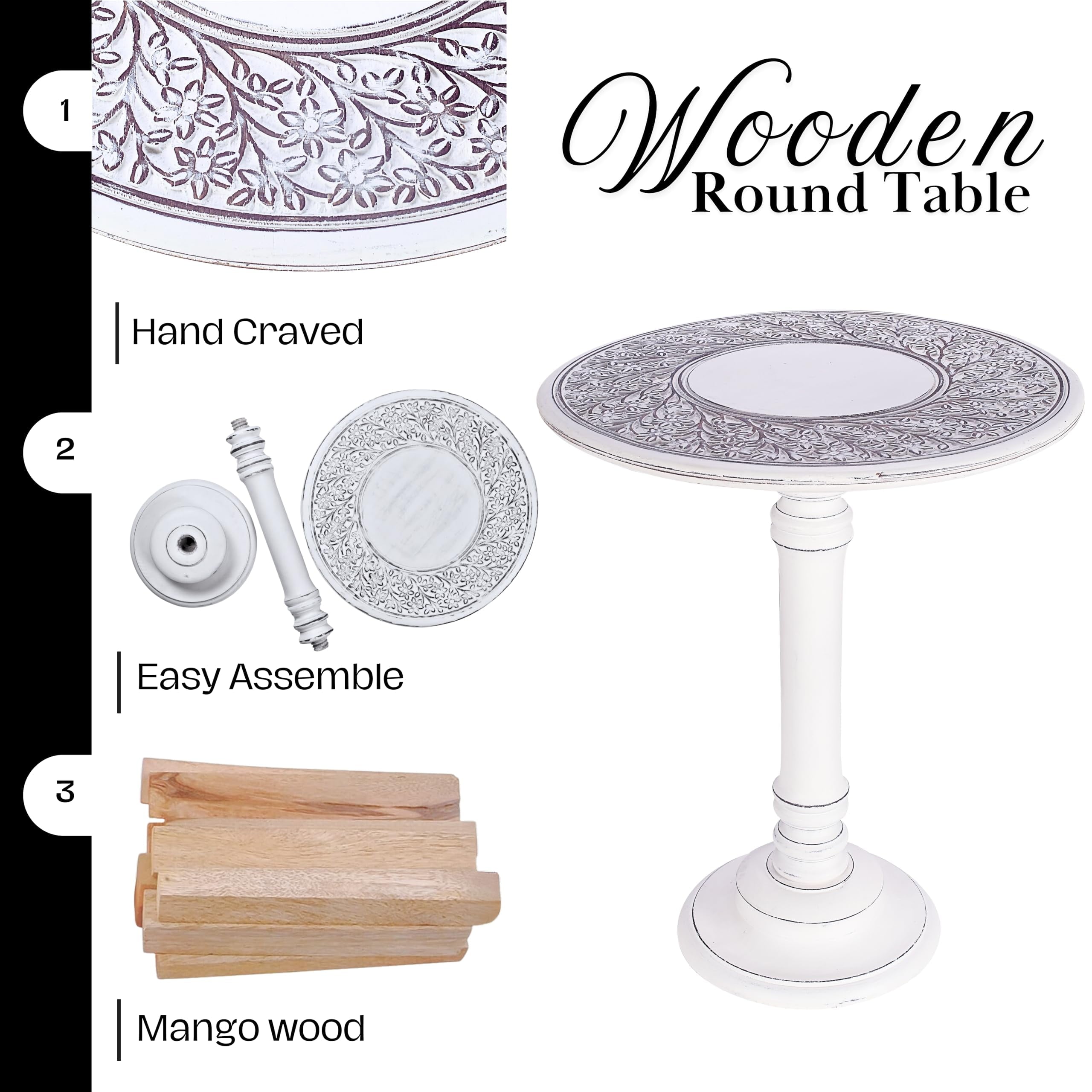 The Wooden Town Round Wood Side Table, Antique White Accent End Table for Living Room, Decorative Small Coffee Table, 18 x 22 Inch