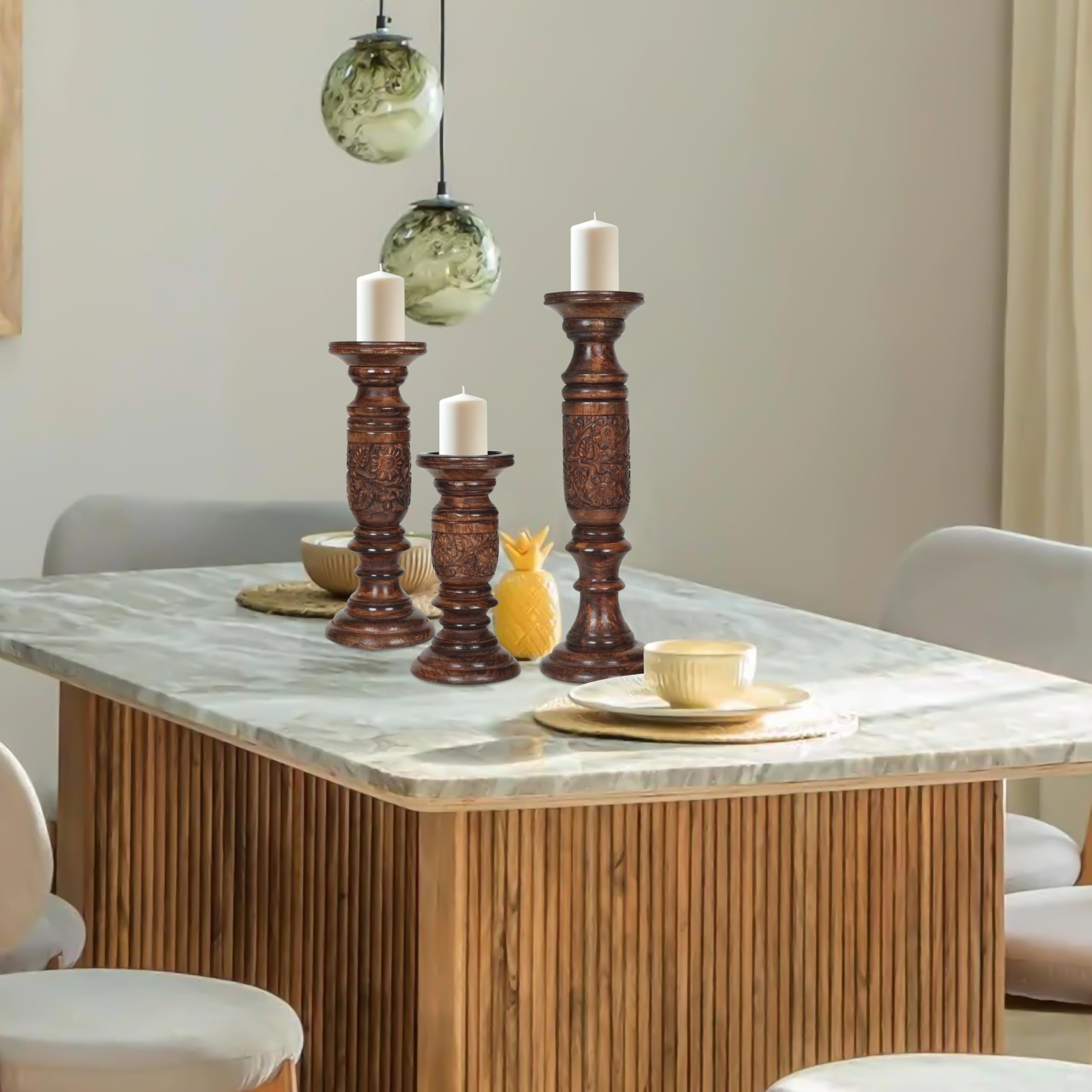 The Wooden Town Wooden Pillar Candle Holder Set of 3, Rustic Farmhouse Candlestick Holders for Table Centerpieces & Home Décor, Dark Burnt Finish, 9", 12", 15"