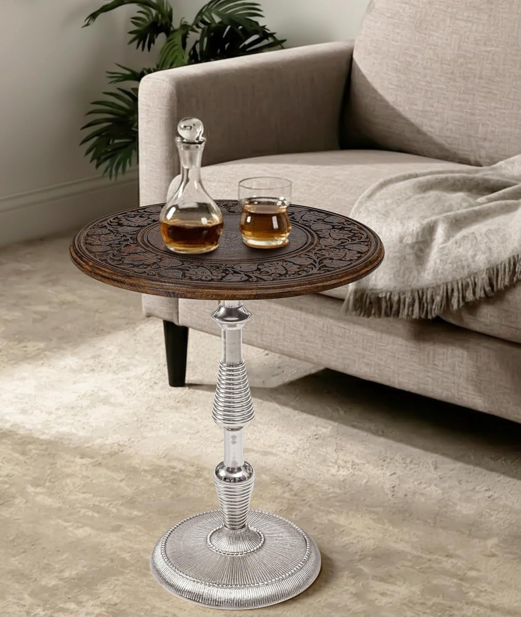 The Wooden Town Hand-Carved Boho Folding Side Table, Burnt Brown Top with Silver Aluminum Spiral Base, 18 x 22 Inch
