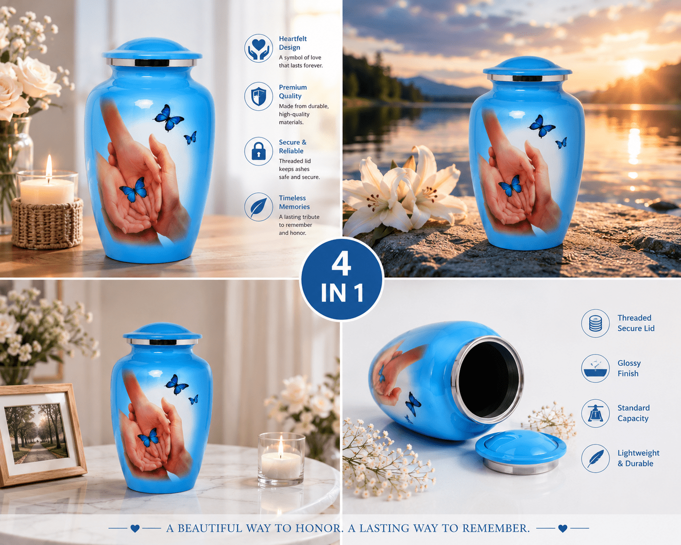 Blue Aluminum Cremation Urn for Adult Ashes – 10” x 6”