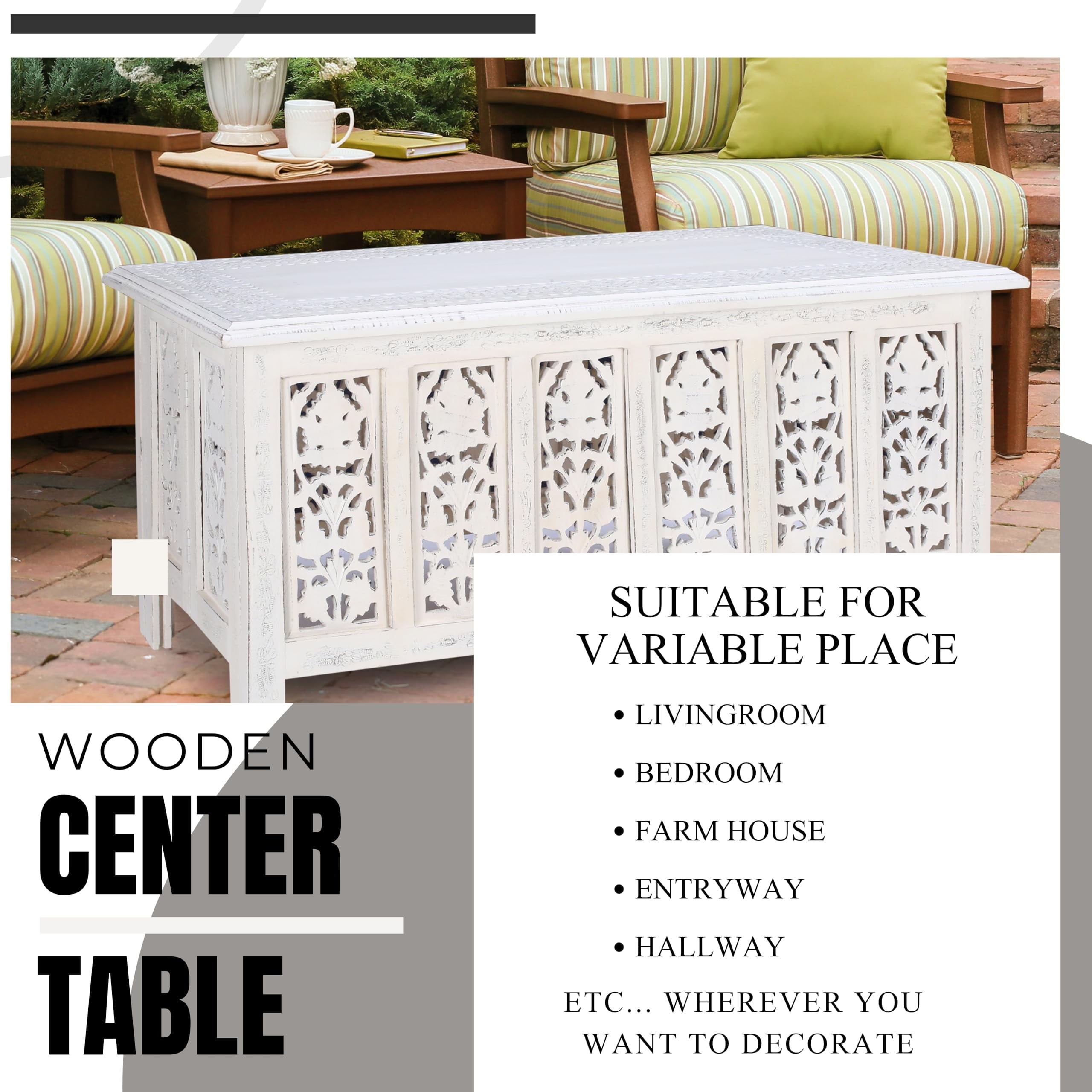 Rectangular Wooden Coffee Table, White Finish Modern Center Table, 36 x 18 Inch