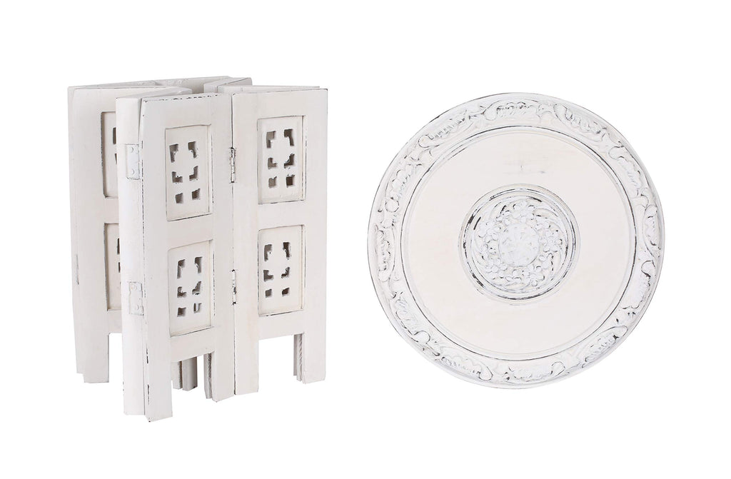 The Wooden Town Round Wooden End Table, White Antique Accent Side Table, 12 x 12 Inch