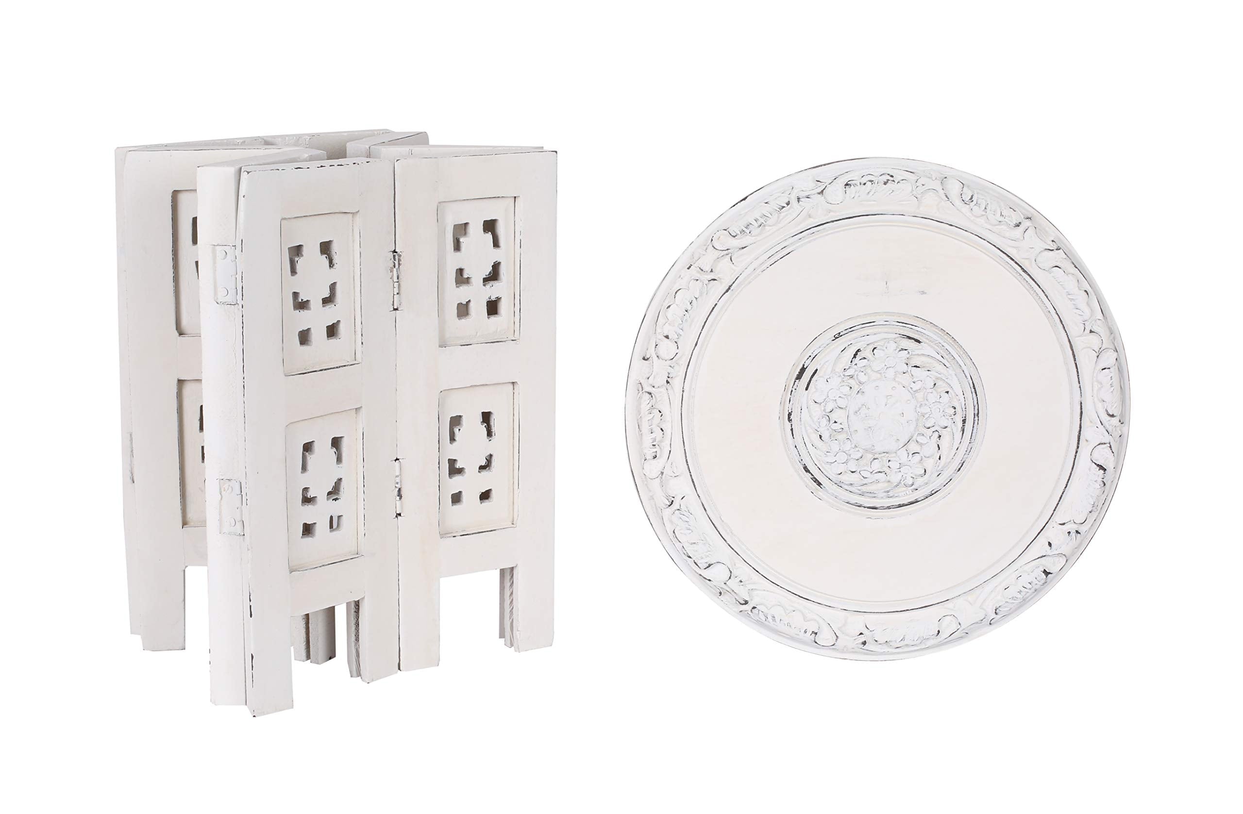 The Wooden Town Round Wooden End Table, White Antique Accent Side Table, 12 x 12 Inch