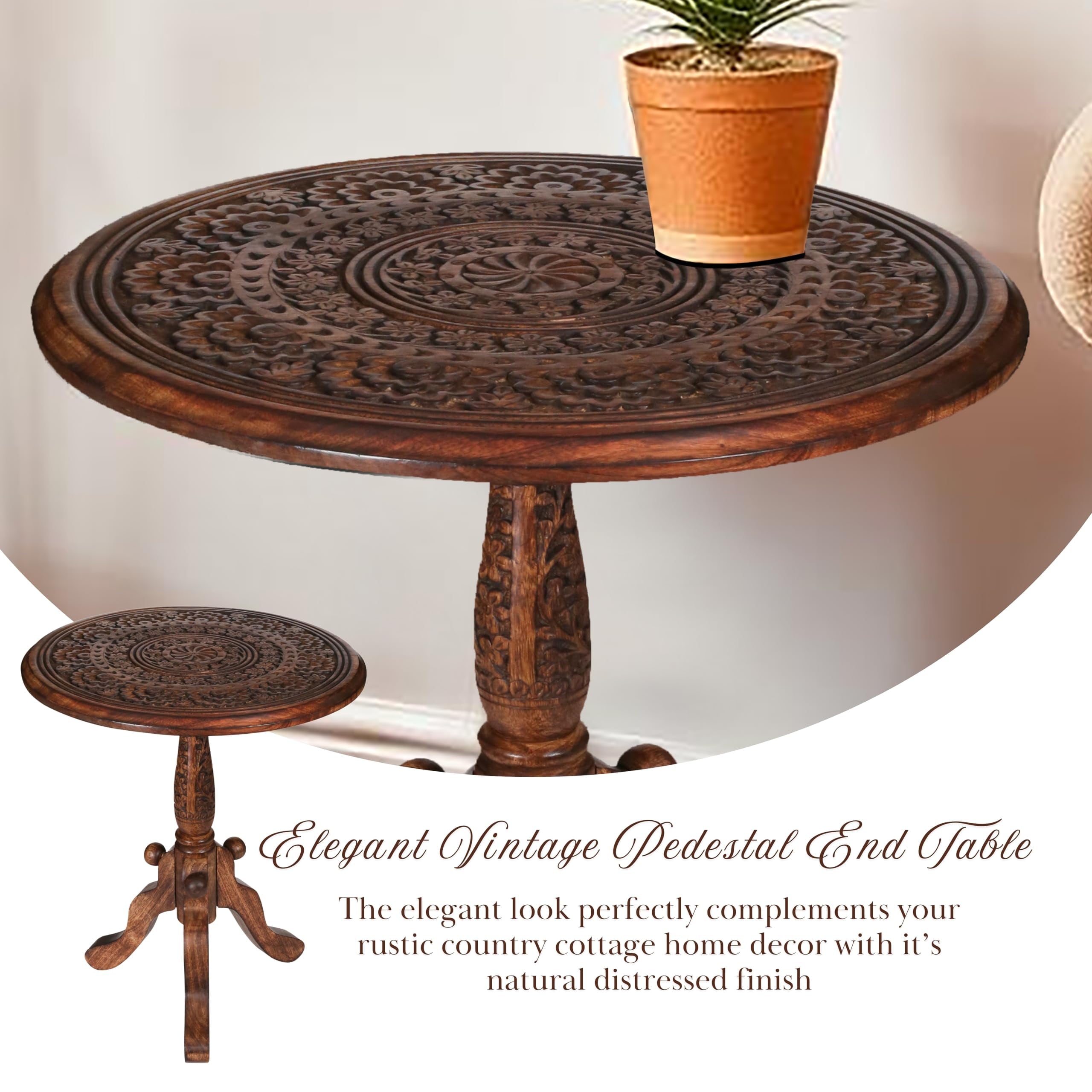 The Wooden Town Handcrafted Carved Round Side Table, Solid Wood Coffee & Accent Table with Pedestal Base, Living Room End Table, 18 x 21 Inch