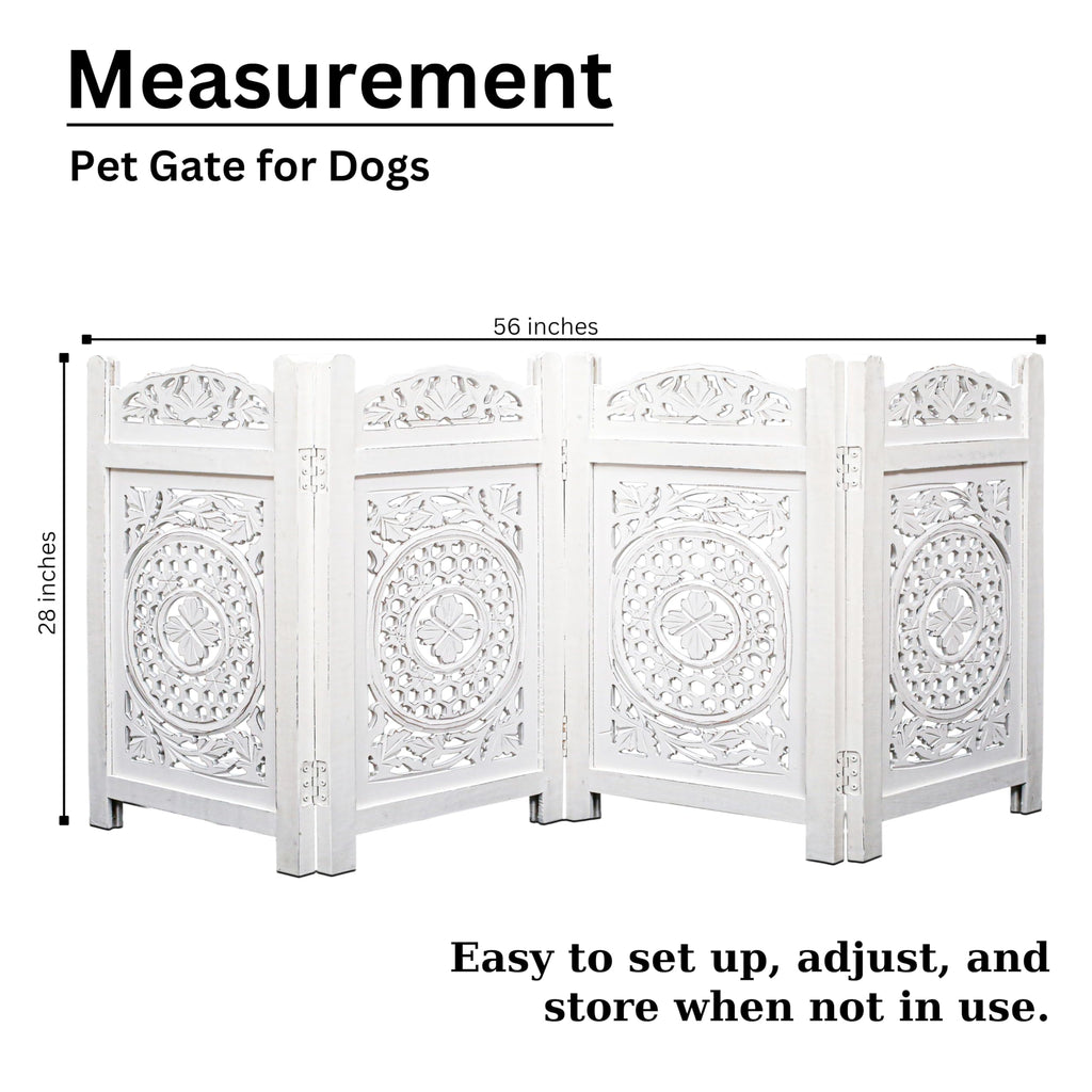 The Wooden Town Raised Wood Pet Gate, Foldable 4-Panel Freestanding Dog Gate, Hand-Carved Solid Wood & MDF, Antique White, 56" W x 28" H