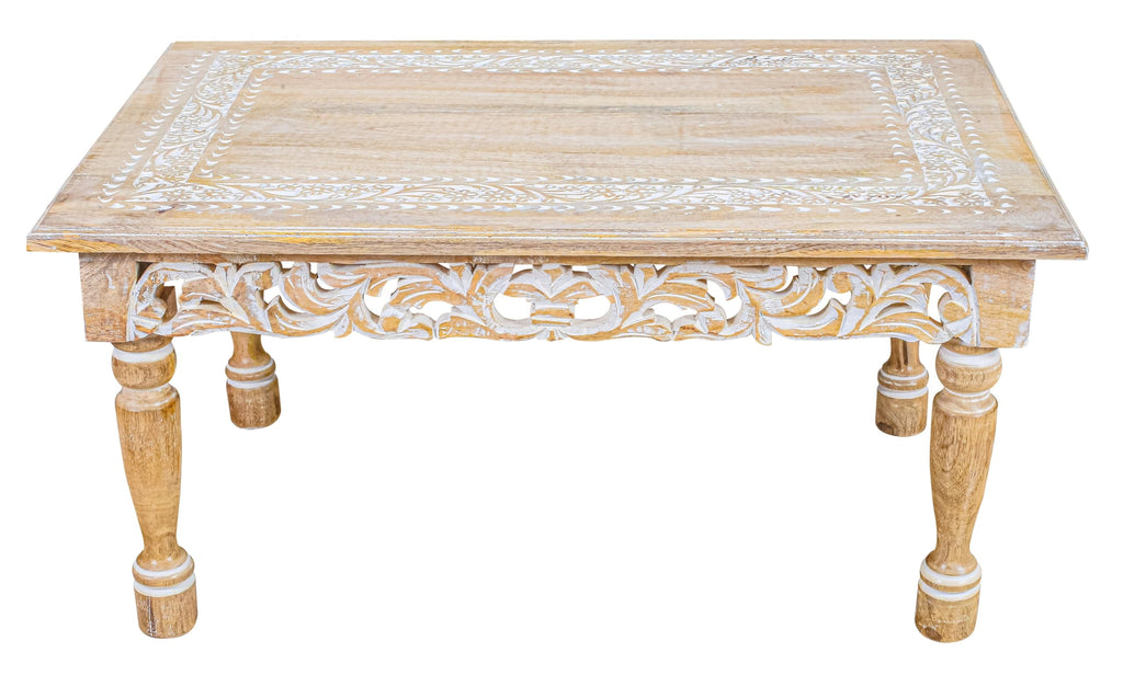 Rectangular Wooden Coffee Table, Beige Finish with Cutwork Jali Carving, 36 x 24 x 18 Inch