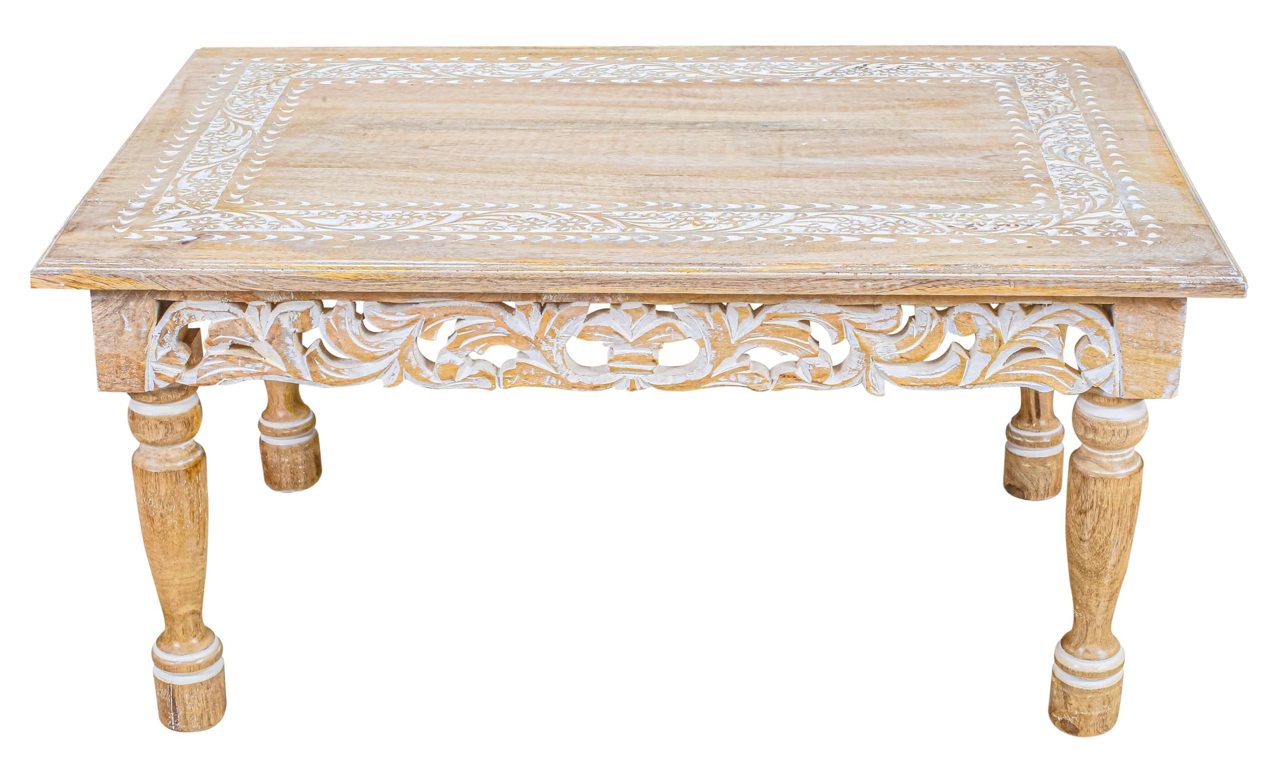 Rectangular Wooden Coffee Table, Beige Finish with Cutwork Jali Carving, 36 x 24 x 18 Inch