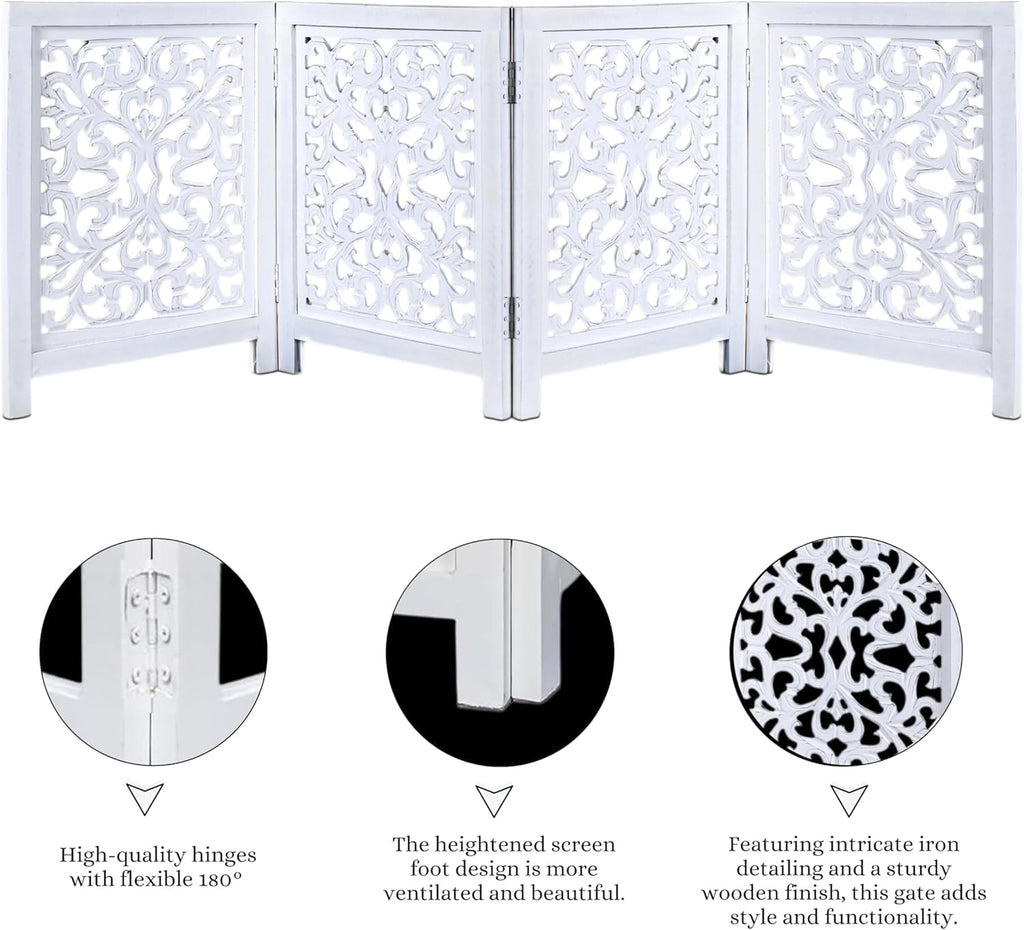The Wooden Town Freestanding Dog Gate, Foldable 4-Panel Wooden Pet Gate for Doorways, Hallways & Stairs, Antique White, 72" W x 24" H